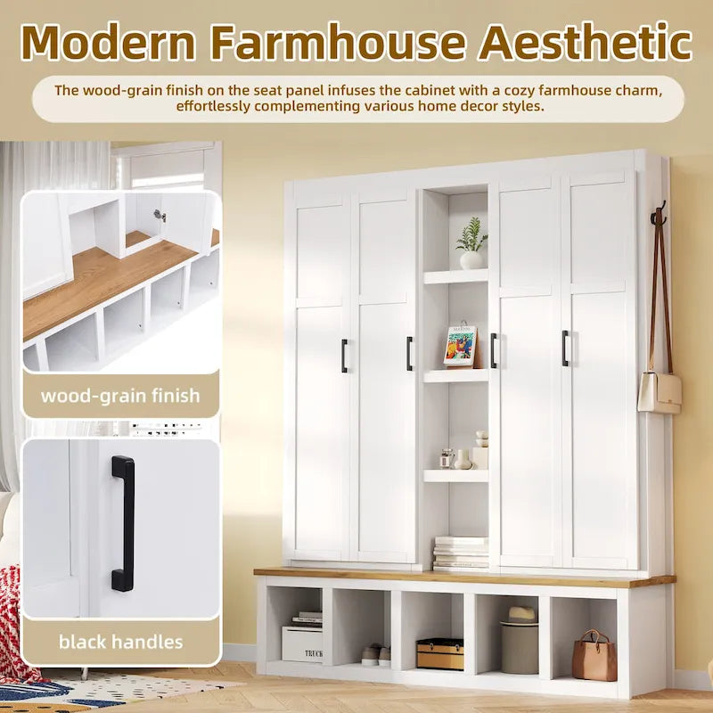 Black / White / Blue Farmhouse Hall Tree with Shoe Cabinet, Bench, Hooks and Open Shelves for 1窶・ Person