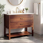36 Farmhouse Bathroom Vanity with Sink  Freestanding Walnut Vanity Cabinet with 2 Drawers, Open Shelf & Handles, Easy Assembly