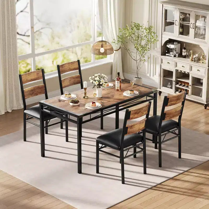 Dining Table Set for 4,with 4 Upholstered Chairs,5 Pcs Wood Kitchen Dining Room Table Set with Corner Protector for Kitchen,Apartment,Small Space