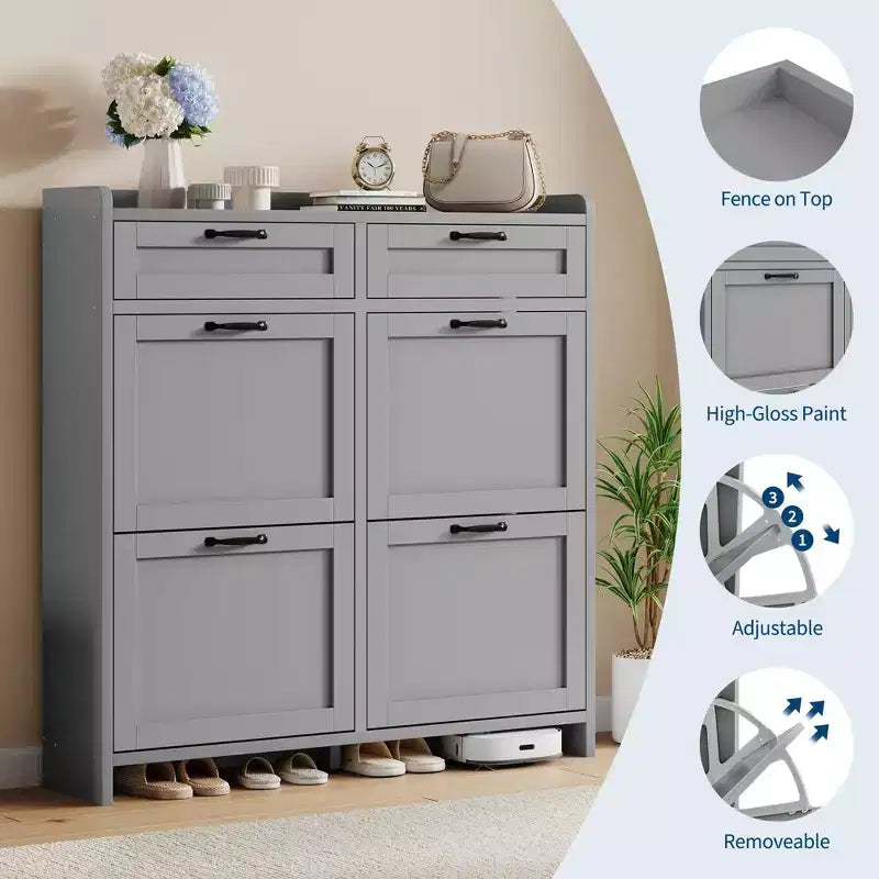 Shoe Cabinet with 4 Flip Drawers & 2 Top Drawers, Wooden Shoe Organizer Cabinet with Adjustable Shelf, Freestanding Shoe Storage Cabinets