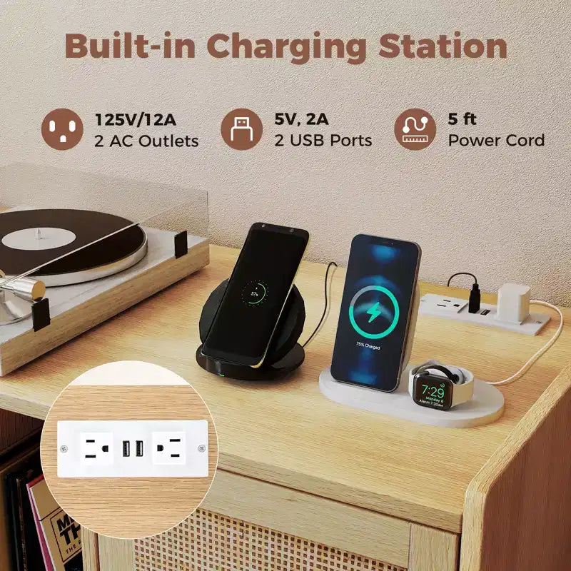 Costway Record Player Stand w/ Charging Station & Rattan Cabinet Adjustable Shelf