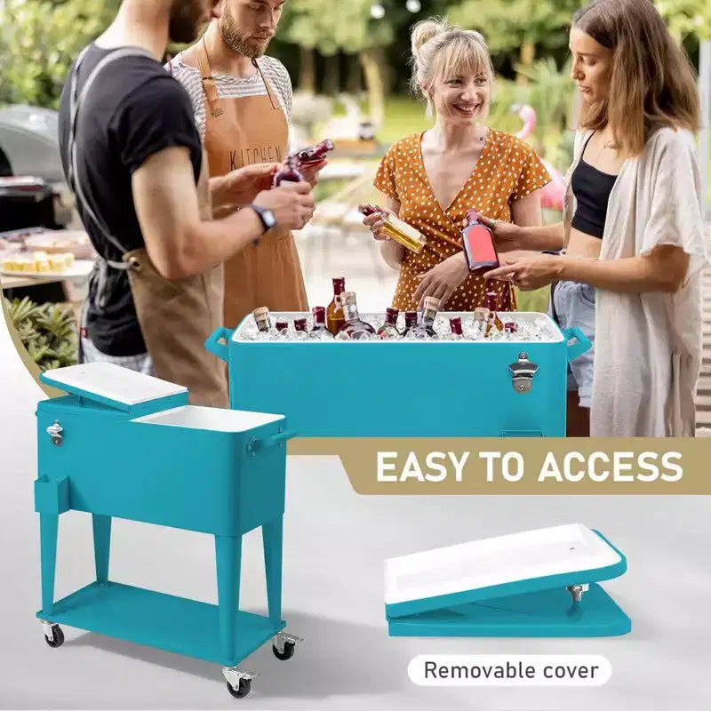 NAYSAYE Glacière à roulettes 80 Litres, Bar Portable avec Collecteur de Gouttes, Plateau de Rangement Inférieur pour Fête sur la Terrasse, Barbecue, Plage, Bleu, 34.3*15.2*35.8