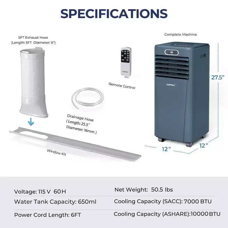 Costway 5000 BTU (8000BTU ASHRAE) Portable Air Conditioner with Remote Control 3-in-1 Air Cooler w/ Drying