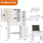 DobleePy Modern Vanity Desk with Sliding Mirror & LED Lights, 4 Drawers, 7 Shelves, Charging Station & Stool, Makeup Dressing Table for Bedroom