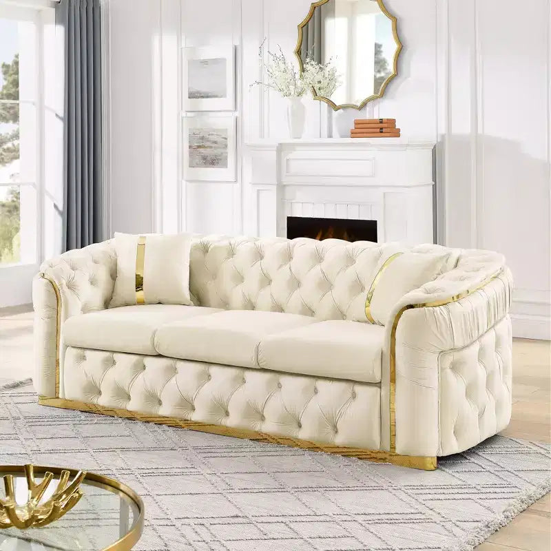 Luxurious 90.6 Inch Velvet Chesterfield Sofa with Button Tufting, Gold Accents, and 2 Pillows - Premium 280g Italian Velvet for Elegant Living Rooms