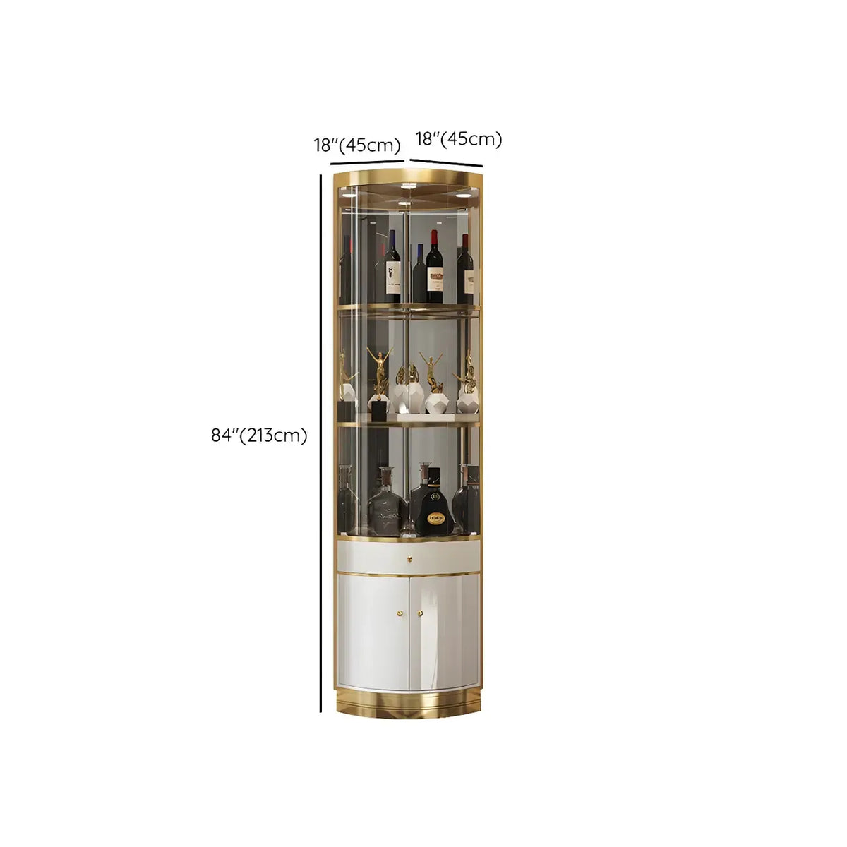 Glam Glossy Glass Gold Metal Rounded Display Corner Cabinet