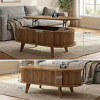 JVNOXK Fluted Lift Top Coffee Table with Hidden Compartment, Wooden Center Table, Modern Oval Lift Tabletop for Home Living Room Office, Walnut