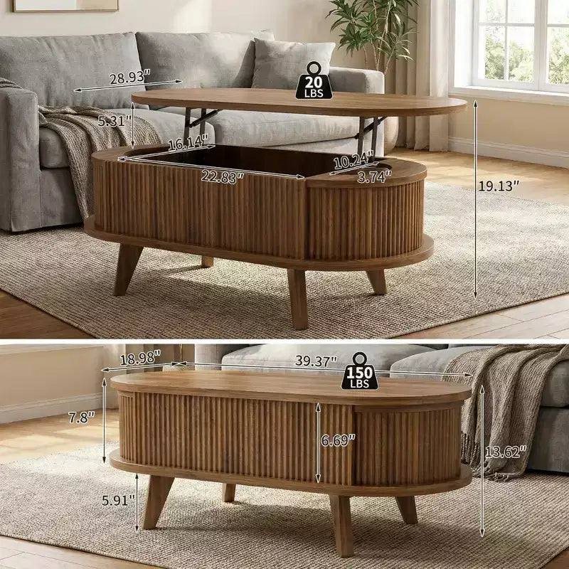 JVNOXK Fluted Lift Top Coffee Table with Hidden Compartment, Wooden Center Table, Modern Oval Lift Tabletop for Home Living Room Office, Walnut