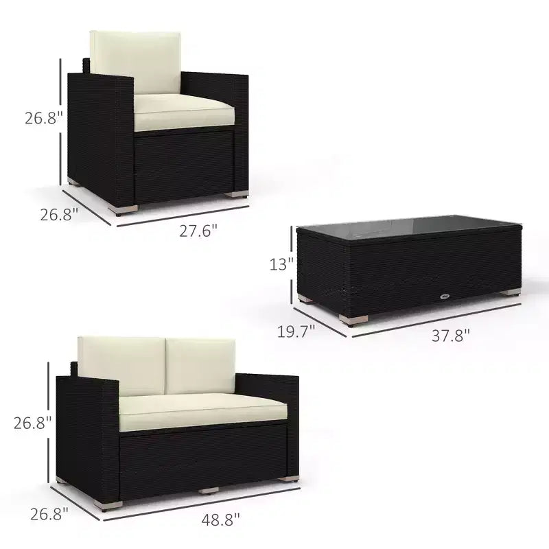 4 Pieces Rattan Sofa Set Wicker Patio Sofa Set with Loveseat Chairs Glass Top Coffee Table for Garden Outdoor
