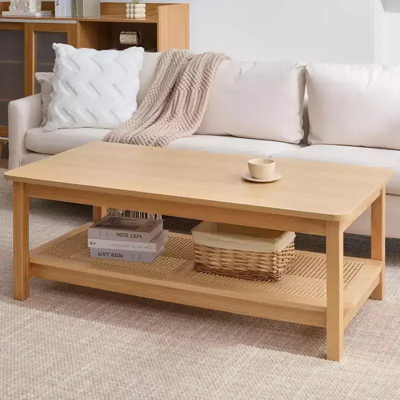 Bekrvio 47.2'' Boho Mid Century Modern Coffee Table, 2-Tier Rustic Rectangle Wood Center Table with Wood Legs & Rattan Shelf, for Living Room