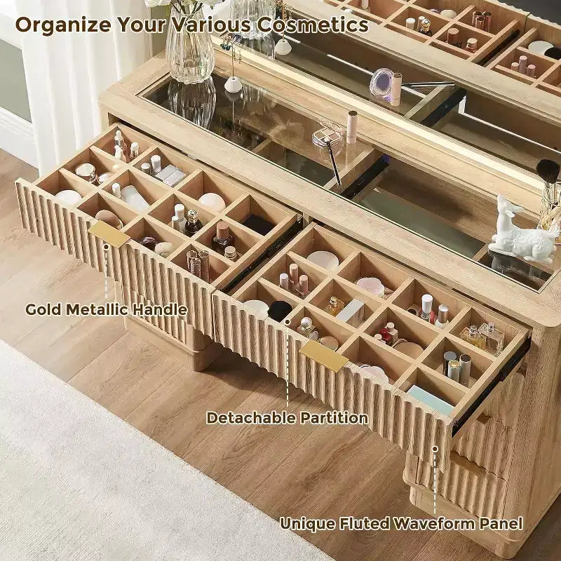 48 Fluted Makeup Vanity Desk with Mirror and Lights, Modern Vanity Table with 8 Drawers & Charging Station, Vanity Desk with Glass Top