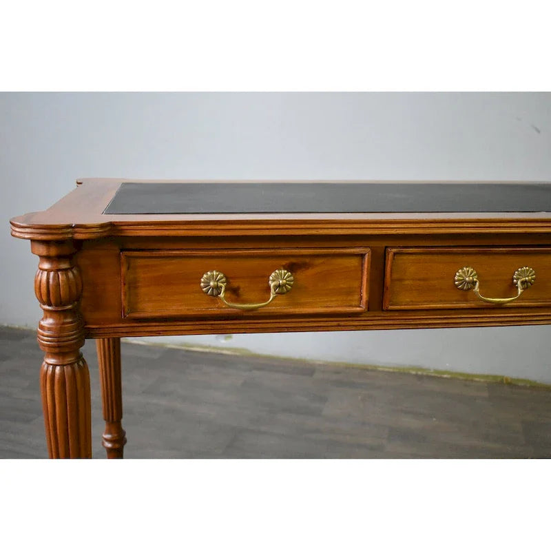Dark Brown / Light Brown Victorian-Style Solid Mahogany Desk with Black Leather Top and 3 Drawers 窶・Single Unit