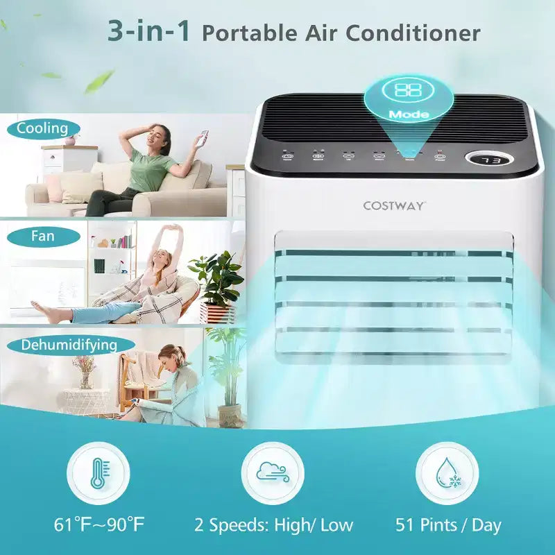 Climatiseur portable Costway 10000 BTU 3-en-1 refroidisseur d'air avec ventilateur déshumidificateur mode veille