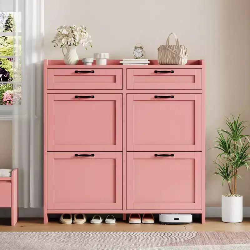 Shoe Cabinet with 4 Flip Drawers & 2 Top Drawers, Wooden Shoe Organizer Cabinet with Adjustable Shelf, Freestanding Shoe Storage Cabinets