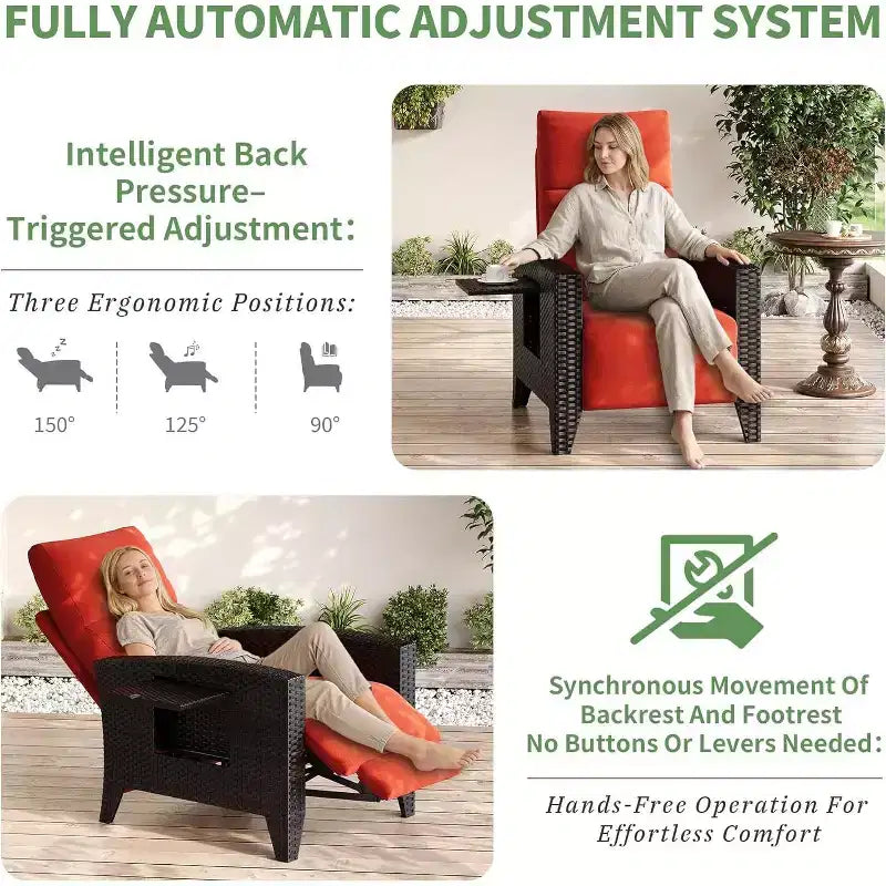 Outdoor Wicker Recliner with Adjustable Back and Footrest, Reclining Patio Chair with Independent,Outdoor Recliner Chair with Cushion