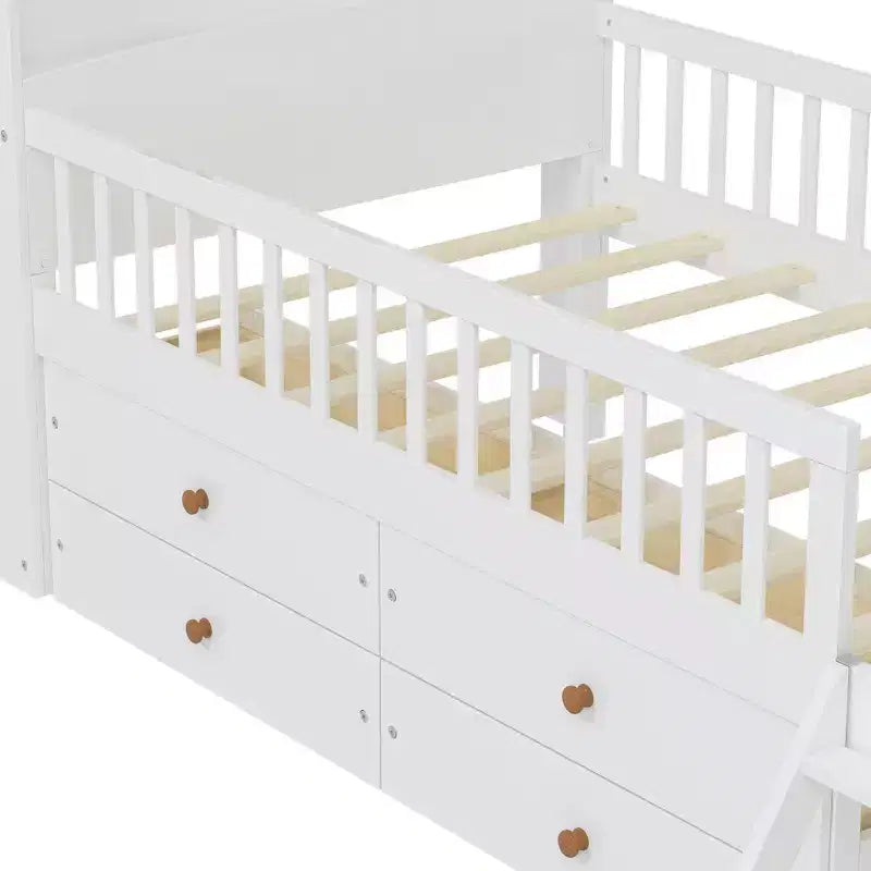 Whisen Twin Wooden Bed Frame, Platform Bed Frame with Storage 4 Drawers, Guardrail Headboard and Ladder