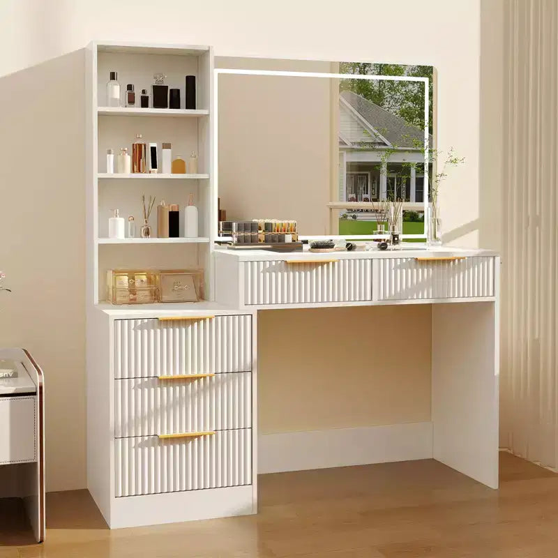 Vanity Desk with Mirror, 5 Drawers Glass Top Hairdryer Rack Wave Texture Makeup Table for Bedroom