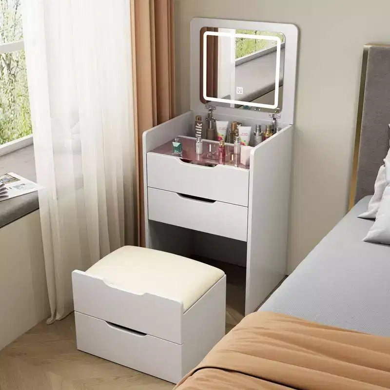 Okak 3-In-1 Vanity Table with Plip Top Mirror, Compact Vanity with Visible Glass Desktop and Cushioned Tool, Vanity Desk for Bedroom