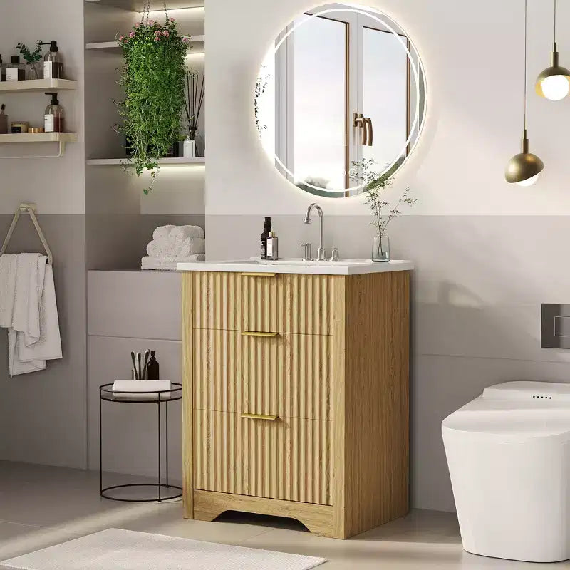 Modern Fluted Bathroom Vanity Set with Integrated Ceramic Basin Freestanding Bathroom Storage Vanity Cabinet with 3 Drawers for Contemporary Bathroom