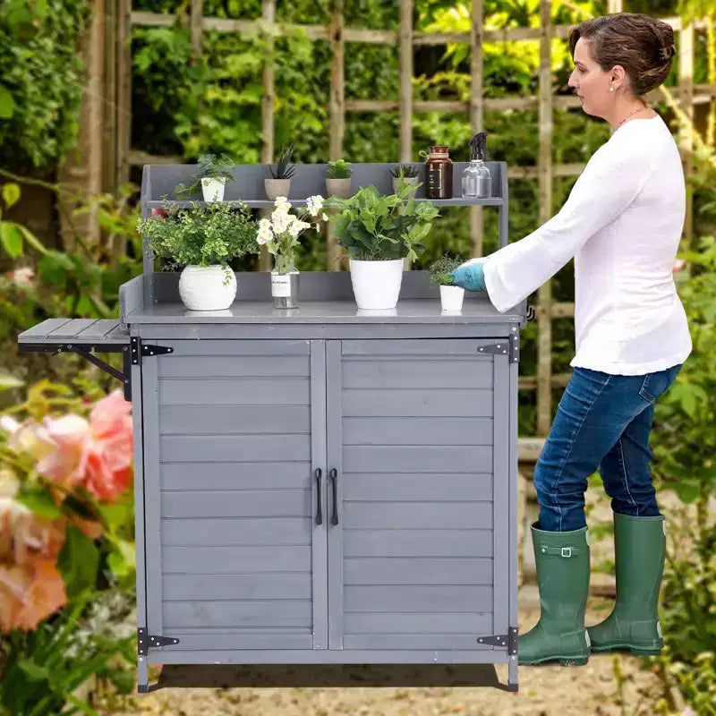 Outdoor Potting Bench with Foldable Shelf, Storage Cabinet & Durable Galvanized Metal Worktop for Garden, Patio, or Backyard
