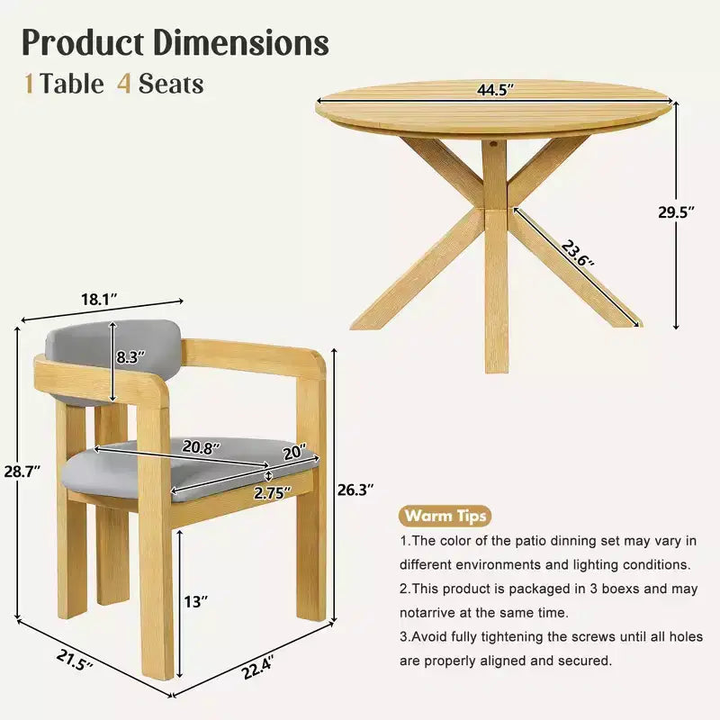 ModernLuxe 5pcs Outdoor Acacia Wood Round Dining Table Set, 47 Patio Table with 4 Cushioned Barrel Chairs for Garden/Patio/Backyard