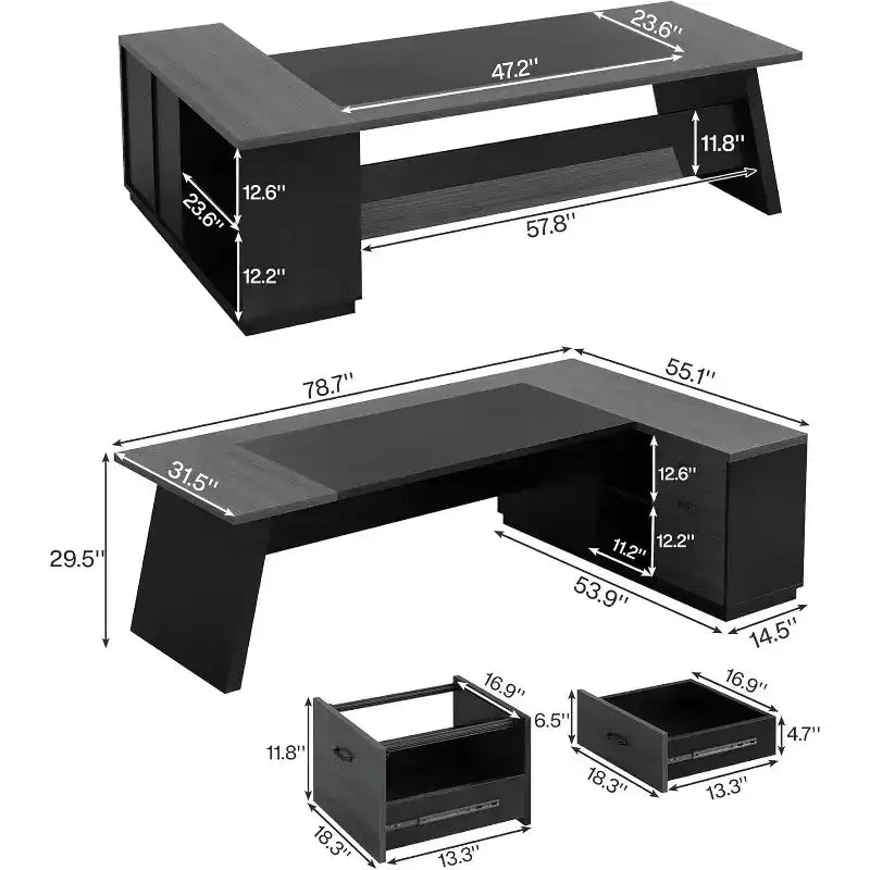 Bureau de direction en L Lantine Modern 78 avec tiroirs et classeur latéral