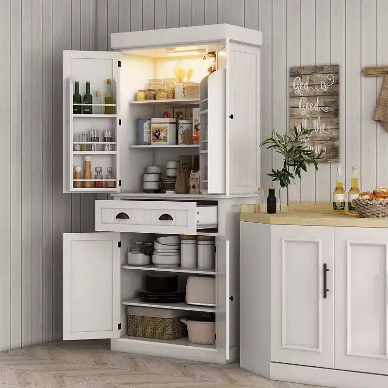 71 Kitchen Pantry Cabinet with LED Lights, 6 Door Shelves, a Drawer and 4 Adjustable Shelves