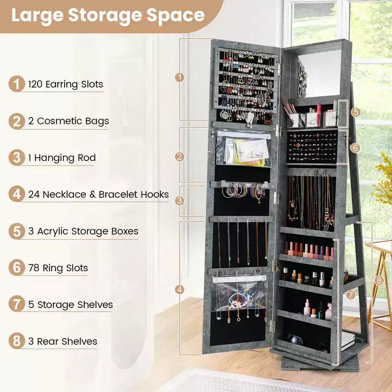Costway Armoire à bijoux rotative à 360° 2-en-1 Organiseur miroir verrouillable Blanc/Noir/Marron foncé/Gris/Bleu/Rose/Violet/Gris foncé