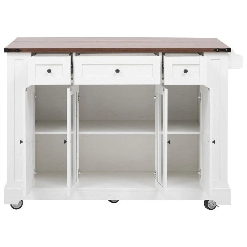 Kitchen Island w/Drop Leaf, 3 Drawers & 5 Open Side Racks, Rolling Kitchen Cart w/ 2 Tempered Glass Cabinet Doors & Power Outlet