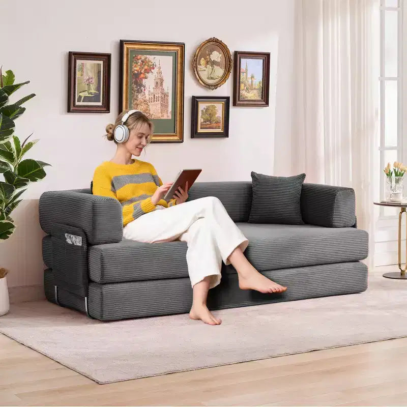 Modern 79 Corduroy Futon Sofa Bed for Small Spaces, 5-in-1 Convertible Sleeper Couch with Removable Armrests & Pillows