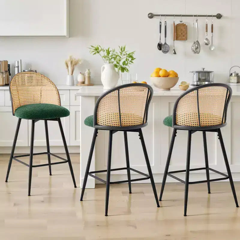 Bekrvio 26 Mid-Century Modern Swivel Bar Stools Set of 2/3/4, Boucle Upholstered Bar Chairs with Rattan Back & Metal Legs for Kitchen Counter