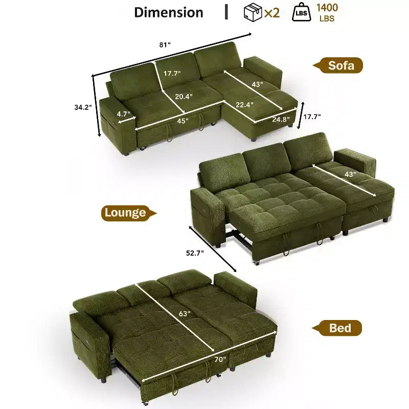 Canapé-lit convertible, canapé-lit en forme de L de 81 po avec méridienne de rangement réversible/port USB/poche latérale/assemblage sans outils, velours côtelé beige