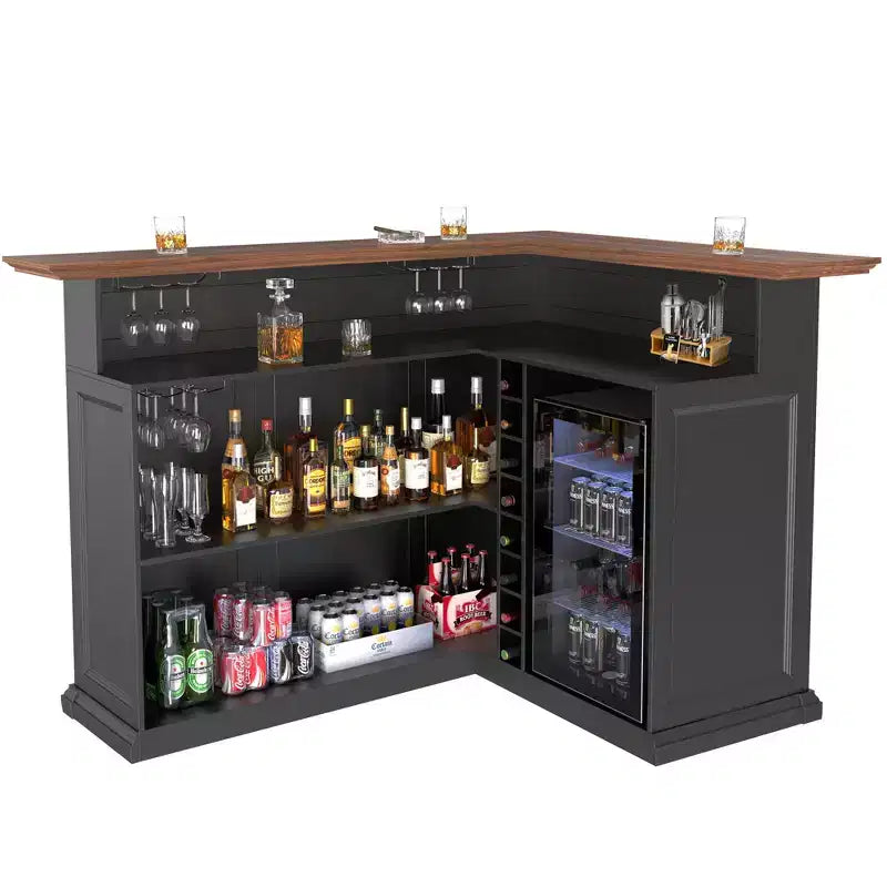 GDLF L Shaped Home Bar Cabinet with Fridge Space, Oversized Modern Basement Bar Table