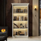 Famapy Bookcase Gray Oak Glass Display Cabinet wLED Light Strip, Tall Bookshelf with Doors Curio Storage Cabinet