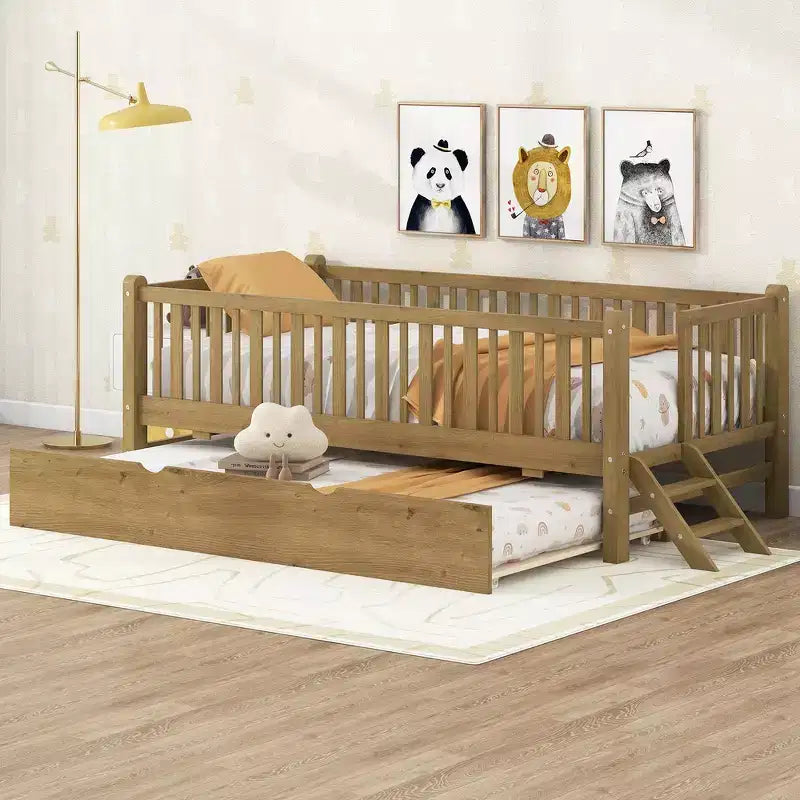 Whisen Twin Size Wood Platform Bed with Guardrail and 2 Drawers