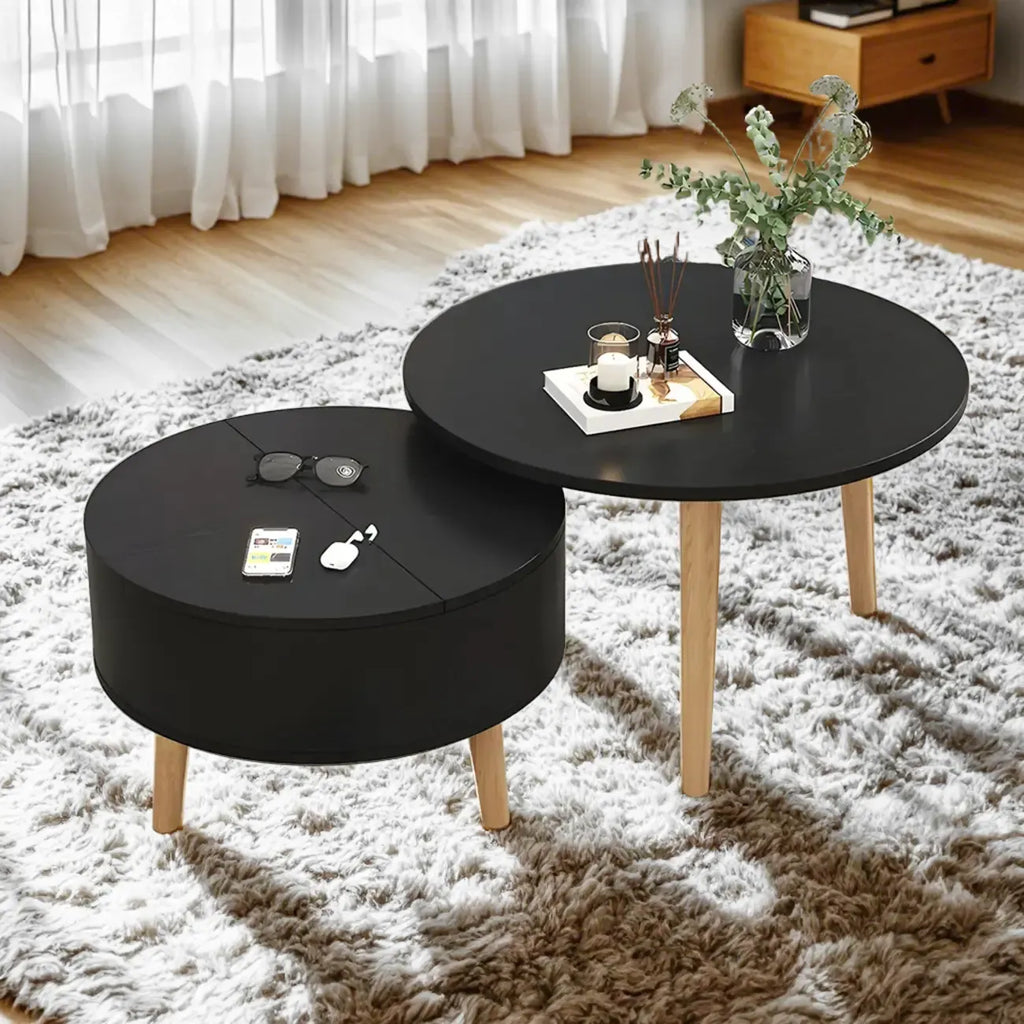 Black White Modern Round Wood Coffee Table with Storage
