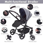 Baby Stroller, Foldable Stroller - High Landscape Pushchair for Newborn & Toddler, Convertible Pram with Reversible Backrest
