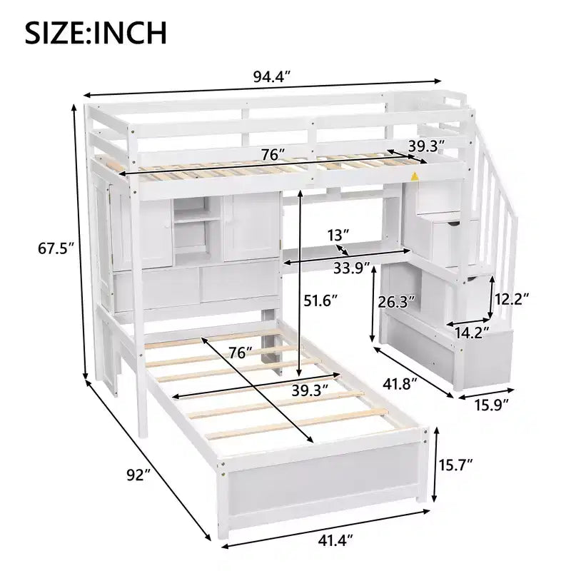 Wood Twin Size Bunk Bed with Desk and Staircase, L-Shaped Twin over Twin Loft Bed with Storage Compartments and Shelves
