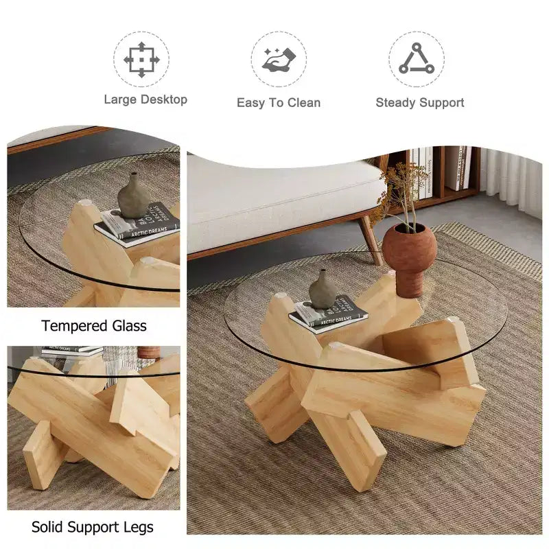 Okak Modern Circular Glass Coffee Table, Small Distinctive Design Tea Table Wood Legs for Living Room Reception Office Farmhouses