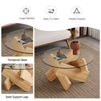 Okak Modern Circular Glass Coffee Table, Small Distinctive Design Tea Table Wood Legs for Living Room Reception Office Farmhouses