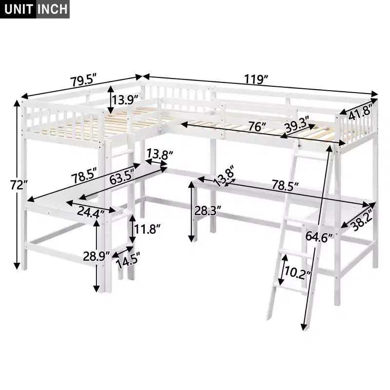 119''L 79.5''W Wood Twin Size L-Shaped Loft Bed with Ladder and 2 Built-in L-Shaped Desks