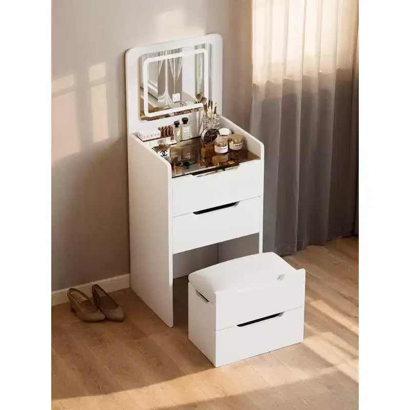 Okak 3-In-1 Vanity Table with Plip Top Mirror, Compact Vanity with Visible Glass Desktop and Cushioned Tool, Vanity Desk for Bedroom