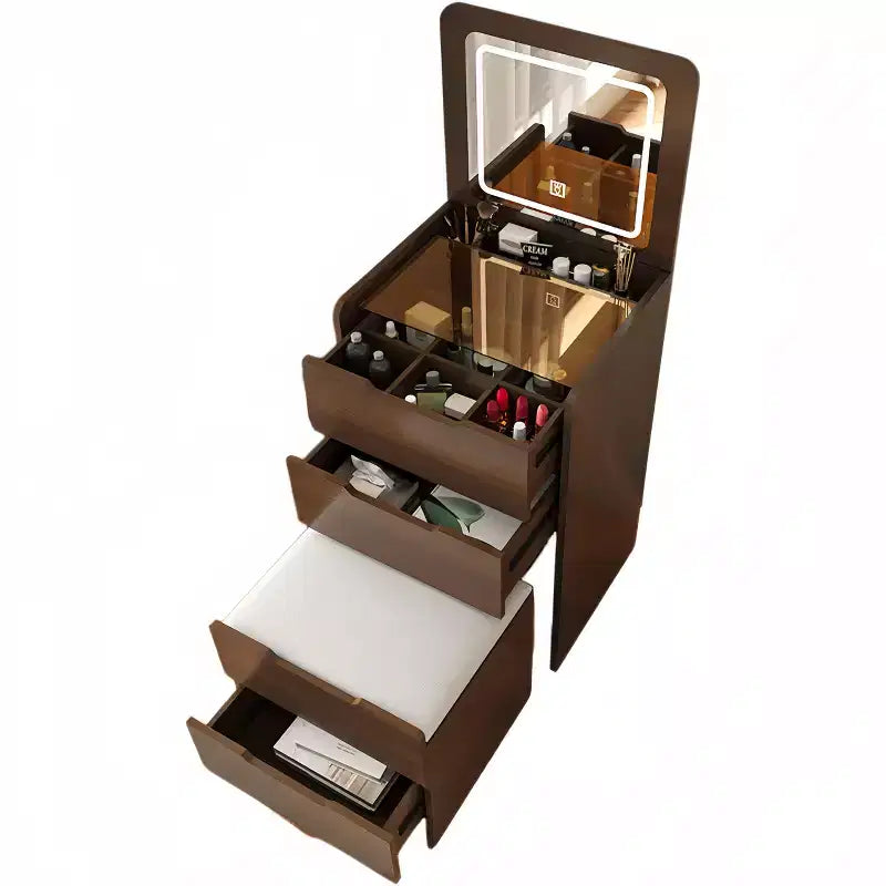 Okak 3-In-1 Vanity Table with Plip Top Mirror, Compact Vanity with Visible Glass Desktop and Cushioned Tool, Vanity Desk for Bedroom
