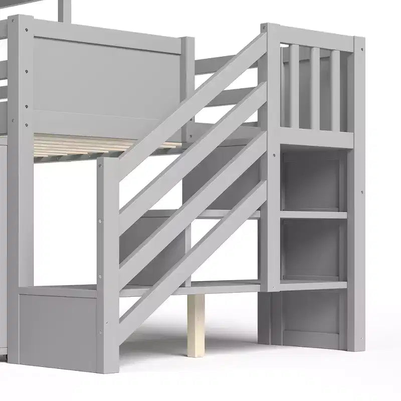 Letto a soppalco singolo con 3 cassetti e scala contenitore, struttura a casetta in legno con scivolo e scrivania rimovibile