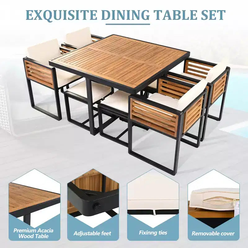 GDFStudio Donald Patio 9-Piece Acacia Wood Dining Set with Square Table, 4 Cushioned Chairs and 4 Stools