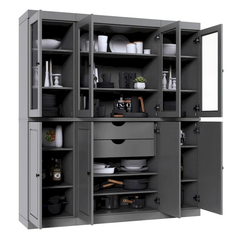 100% Solid Wood Kitchen China Pantry Buffet with Glass or Solid Wood Doors and 2-Drawer Kit 65 x 71.5