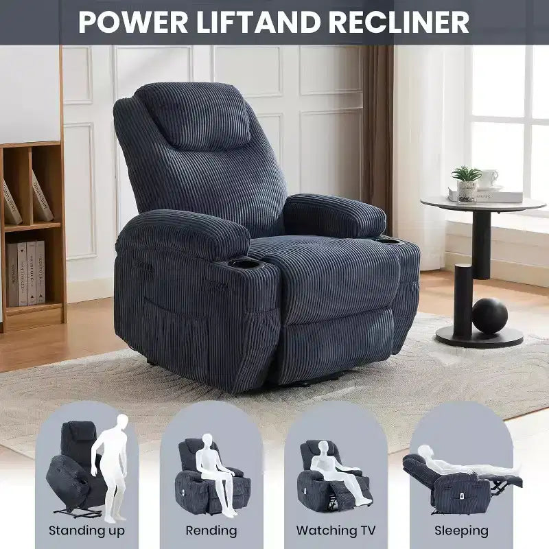 Power Lift Recliner Chair with Massage & Heat, 2 Cup Holders & Stand Assist
