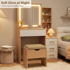 DobleePy Modern Vanity Desk with Sliding Mirror & LED Lights, 4 Drawers, 7 Shelves, Charging Station & Stool, Makeup Dressing Table for Bedroom