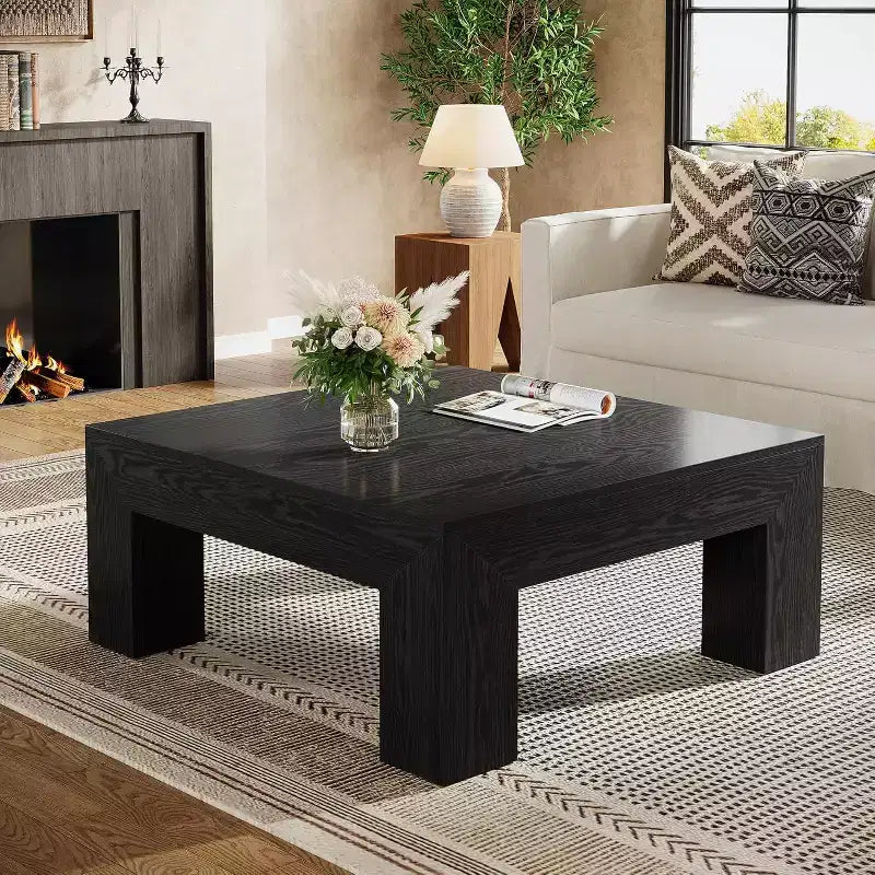 Table basse carrée Lantine de 99 cm pour salon, table basse d'appoint style ferme avec pieds en bois robustes, montage facile