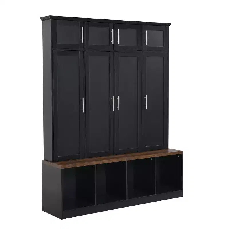 Entryway Hall Tree with Bench, 8 Cabinets, 4 Shoe Compartments & 4 Hooks, Black Mudroom Organizer